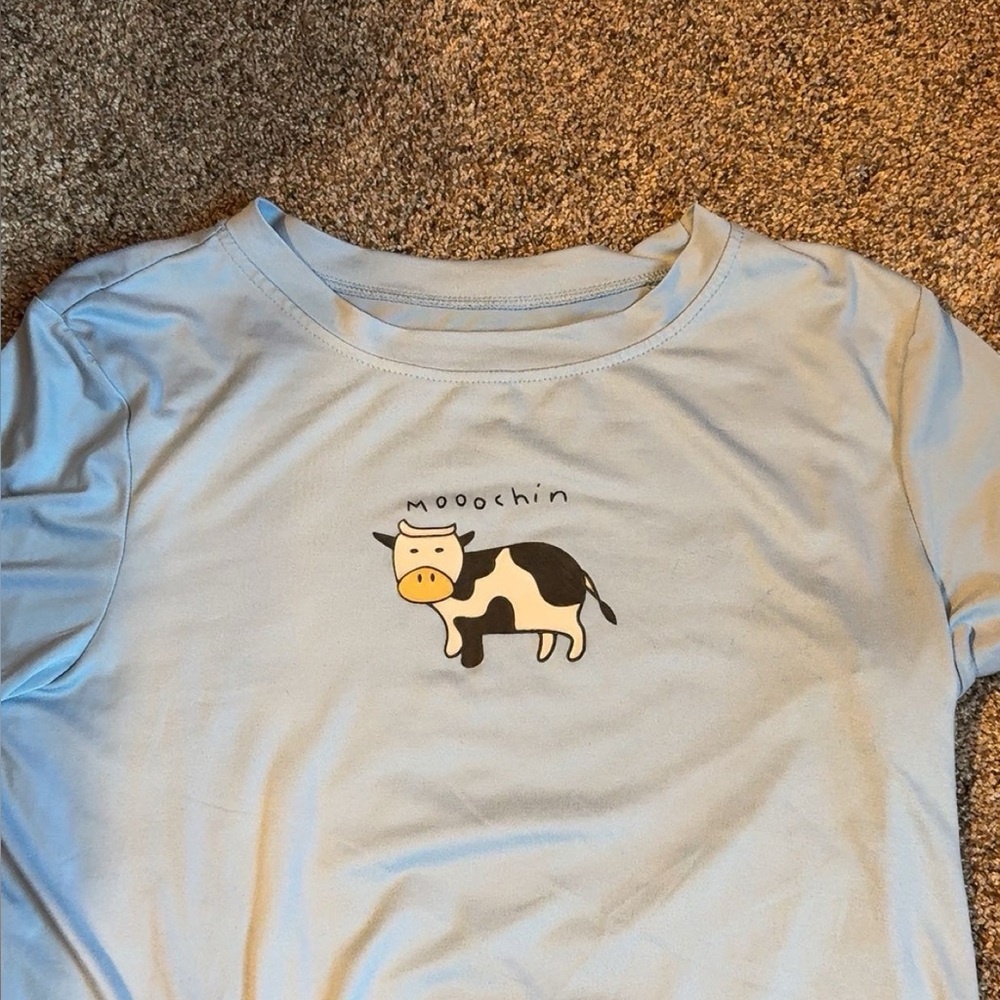 SHEIN Light Blue Crop Top with Cow Design